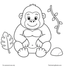 cute gorilla sitting near jungle leaves vine and rock