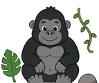 cute gorilla sitting near jungle leaves vine and rock
