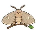 Gentle moth with broad rounded wings resting on a simple twig and small leaf on a white background.
