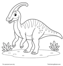 Gentle parasaurolophus with a long curved head crest walking on a simple prehistoric ground patch with two leafy plants.