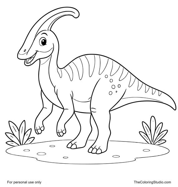 Gentle parasaurolophus with a long curved head crest walking on a simple prehistoric ground patch with two leafy plants.