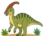 Gentle parasaurolophus with a long curved head crest walking on a simple prehistoric ground patch with two leafy plants.