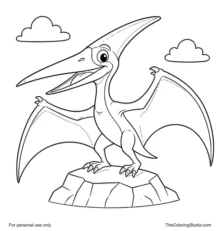 Gentle pteranodon with a long beak, curved head crest, partially open wings, and a simple rocky perch with two small clouds on a white background.