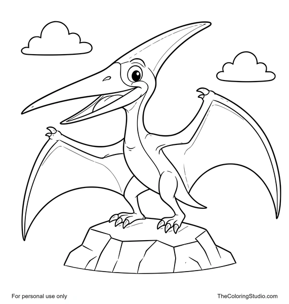 Gentle pteranodon with a long beak, curved head crest, partially open wings, and a simple rocky perch with two small clouds on a white background.