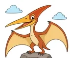 Gentle pteranodon with a long beak, curved head crest, partially open wings, and a simple rocky perch with two small clouds on a white background.