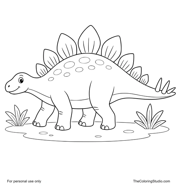 Gentle stegosaurus with large back plates, simplified tail spikes, sturdy legs, long tail, and two small leafy plants on a white background.