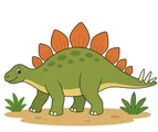 Gentle stegosaurus with large back plates, simplified tail spikes, sturdy legs, long tail, and two small leafy plants on a white background.