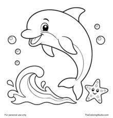 friendly dolphin swimming with a small wave bubbles and a starfish