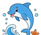 friendly dolphin swimming with a small wave bubbles and a starfish