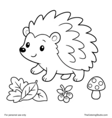 happy hedgehog walking near leaves berries and a tiny mushroom