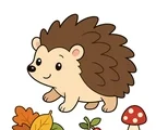 happy hedgehog walking near leaves berries and a tiny mushroom