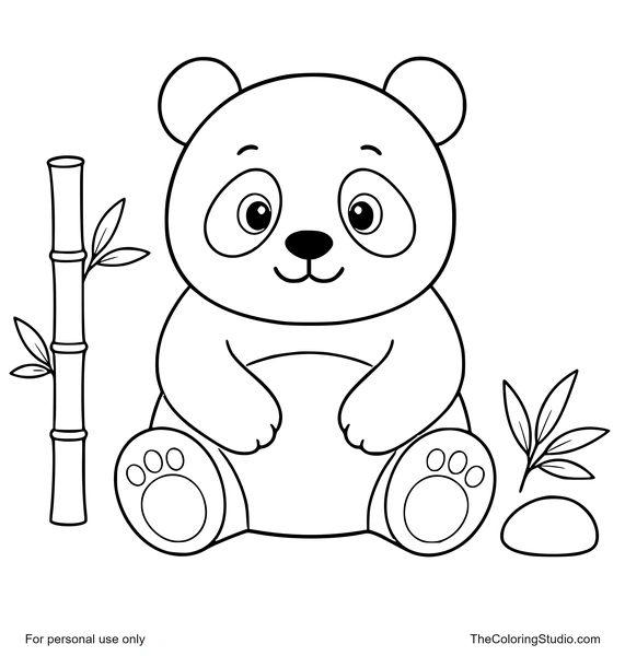 cute panda sitting by bamboo leaves and a rounded stone