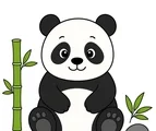 cute panda sitting by bamboo leaves and a rounded stone