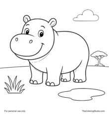 friendly hippopotamus with simple savannah details