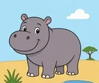 friendly hippopotamus with simple savannah details