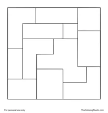 Interlocking block tile grid with large colorful geometric cells on a white background.