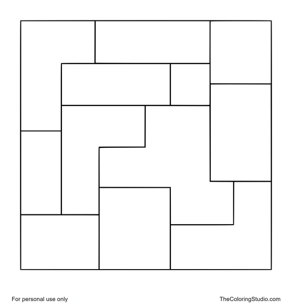 Interlocking block tile grid with large colorful geometric cells on a white background.