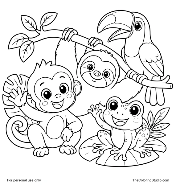 Monkey, sloth, toucan, and frog interacting together with simple tropical leaves on a white background.