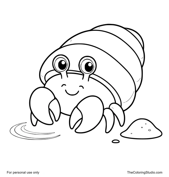 Kawaii hermit crab with a rounded shell and simple ocean accents