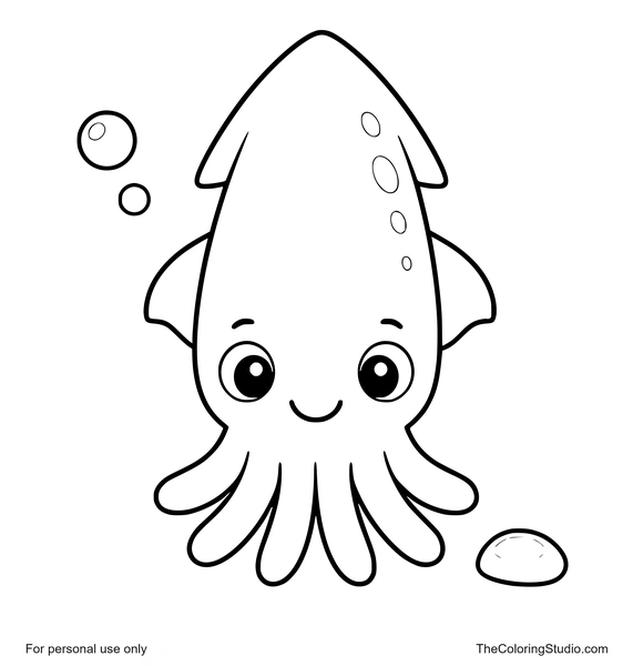 friendly squid floating with simple bubbles and a small pebble