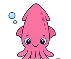 friendly squid floating with simple bubbles and a small pebble