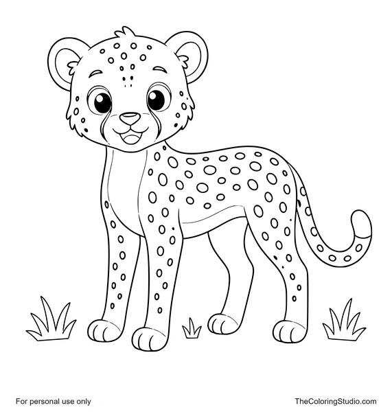 Kind young cheetah with a happy face, grouped simple spots, and small savannah grass tufts on a white background.