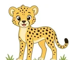 Kind young cheetah with a happy face, grouped simple spots, and small savannah grass tufts on a white background.