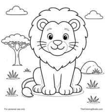 friendly lion sitting with simple savannah details