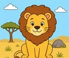 friendly lion sitting with simple savannah details