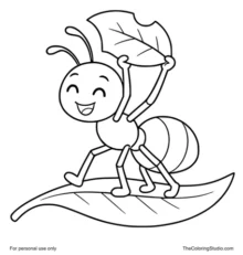 Smiling ant carrying a small leaf while walking on a simple green leaf path on a white background.