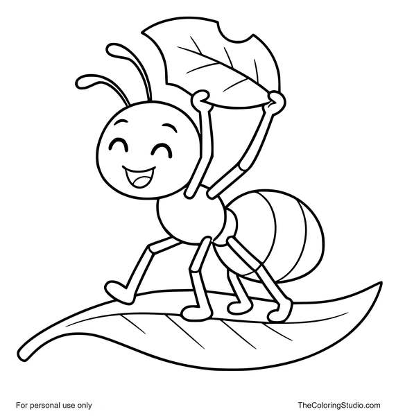 Smiling ant carrying a small leaf while walking on a simple green leaf path on a white background.