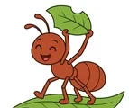 Smiling ant carrying a small leaf while walking on a simple green leaf path on a white background.