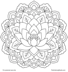 Lotus floral mandala with layered petals, green leaf shapes, and flat decorative loops on a white background.