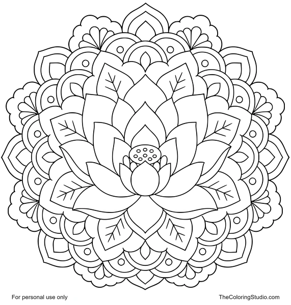 Lotus floral mandala with layered petals, green leaf shapes, and flat decorative loops on a white background.