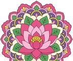 Lotus floral mandala with layered petals, green leaf shapes, and flat decorative loops on a white background.