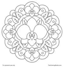 Orchid mandala with broad purple petals, green leaf shapes, and flat decorative rings on a white background.
