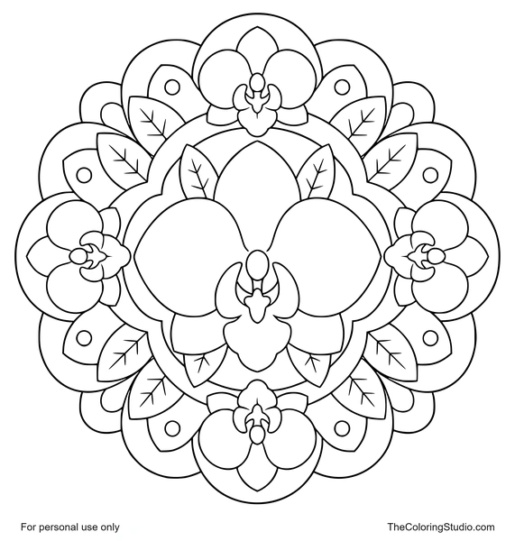 Orchid mandala with broad purple petals, green leaf shapes, and flat decorative rings on a white background.