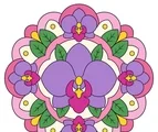 Orchid mandala with broad purple petals, green leaf shapes, and flat decorative rings on a white background.