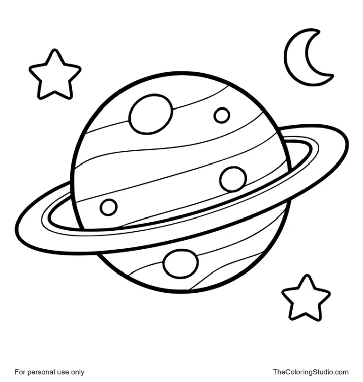 large ringed planet with stars and small moon
