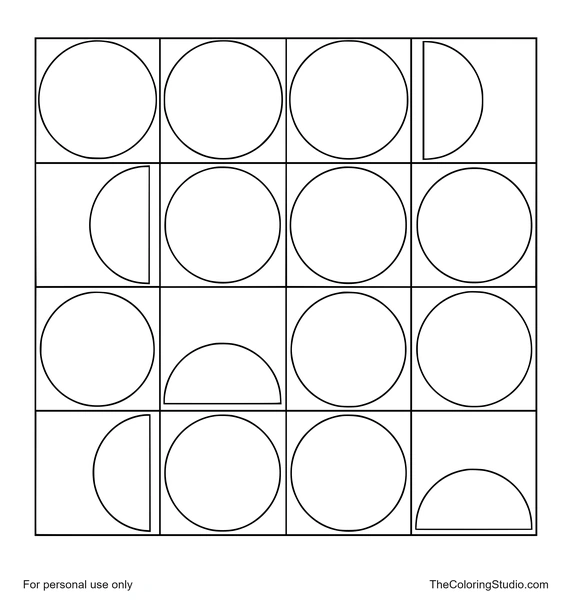 Circle tile grid with large colorful circles inside square geometric cells on a white background.