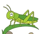 Playful green grasshopper with bent jumping legs resting on a simple curved grass blade on a white background.