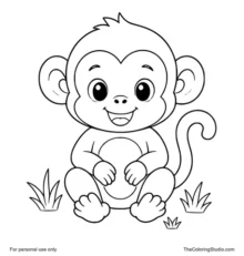 Playful young monkey sitting with a happy face, rounded ears, curved tail, and small savannah grass tufts on a white background.