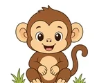 Playful young monkey sitting with a happy face, rounded ears, curved tail, and small savannah grass tufts on a white background.