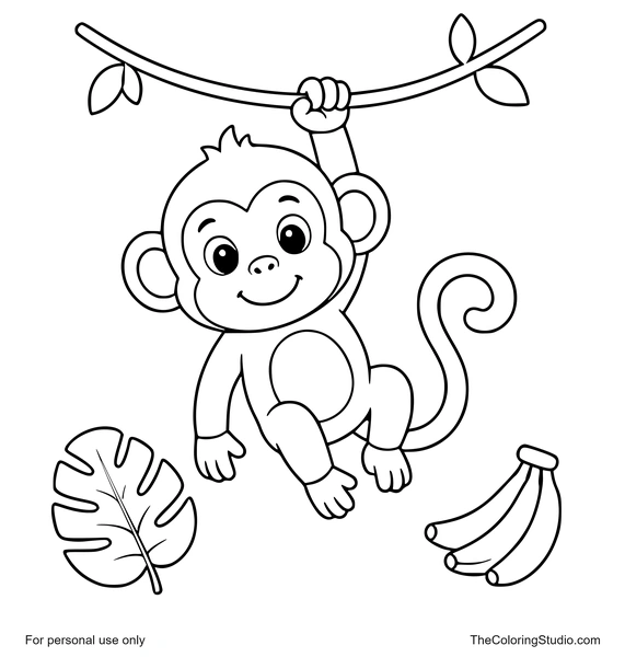 cute monkey sitting on a jungle branch with vine leaf and bananas