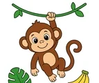 cute monkey sitting on a jungle branch with vine leaf and bananas