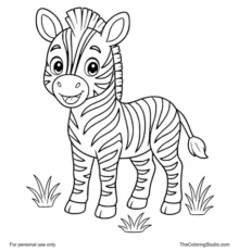 Playful young zebra with a happy face and simple savannah grass tufts on a white background.