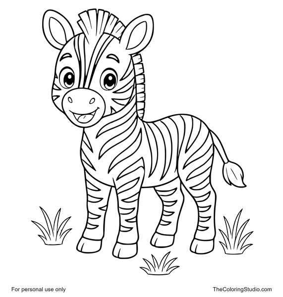 Playful young zebra with a happy face and simple savannah grass tufts on a white background.