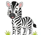 Playful young zebra with a happy face and simple savannah grass tufts on a white background.