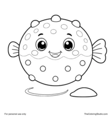 round pufferfish floating with a simple water ripple and sand mound