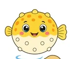 round pufferfish floating with a simple water ripple and sand mound